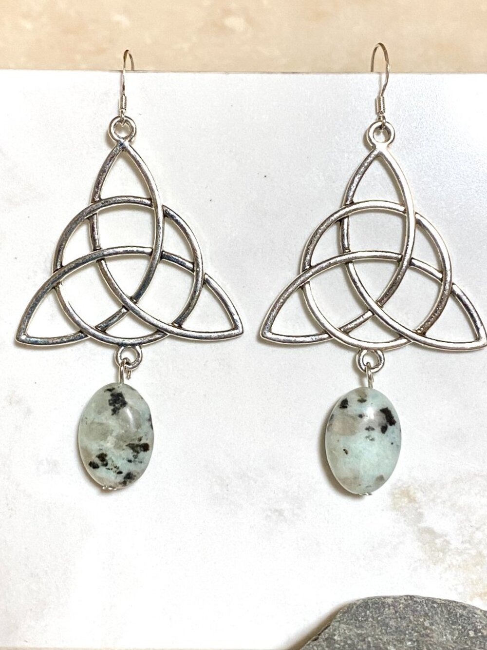 2/$20,Light Teal Kiwi Jasper Celtic Trinity Earrings, Gemstone & 925 Silver Hook